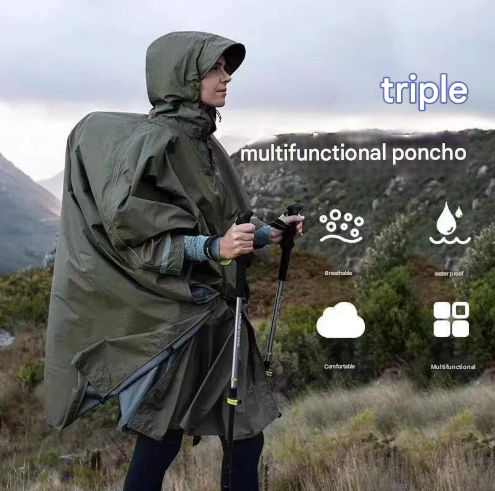 Black 3-in-1 Waterproof Rain Poncho - Lightweight Hooded Raincoat, Ground Tarp & Emergency Shelter for V888-ELOSUNG33425