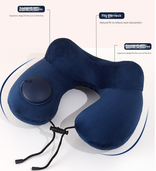 Black Press-to-Inflate Travel Neck Pillow - Ergonomic U-Shaped Cushion for Airplane and Car V888-ELOSUNG33767