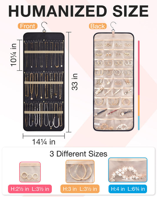 Black Hanging Jewelry Organizer - Closet Storage for Necklaces, Earrings, and Rings with Clear V888-ELOSUNG34128