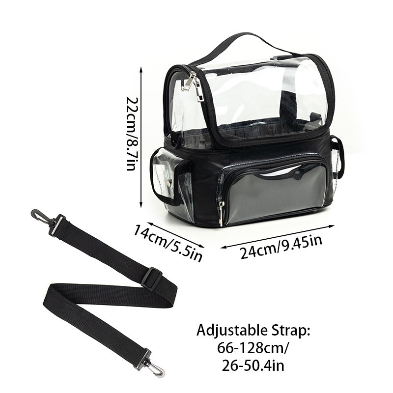 Black Professional Clear Makeup Case - Portable PVC Cosmetic Organizer with Adjustable Dividers & Shoulder V888-ELOSUNG34130