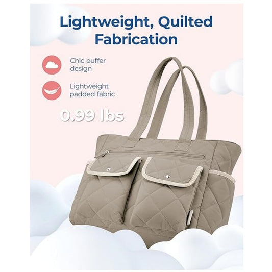 Beige Women's Multi-Pocket Tote Bag - Large Quilted Travel Handbag for Work, Gym, and More V888-ELOSUNG34262