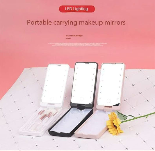 2-Piece Black Portable LED Makeup Mirror with Brush - Foldable, Rotatable, and Rechargeable Travel Vanity V888-ELOSUNG34288