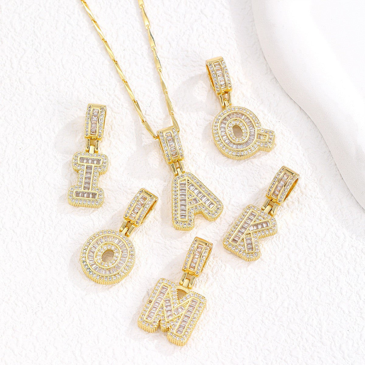 Sparkling Cubic Zirconia Initial Letter Necklace Set - Gold Plated Two-Piece Design(E) V888-ELOSUNG34823
