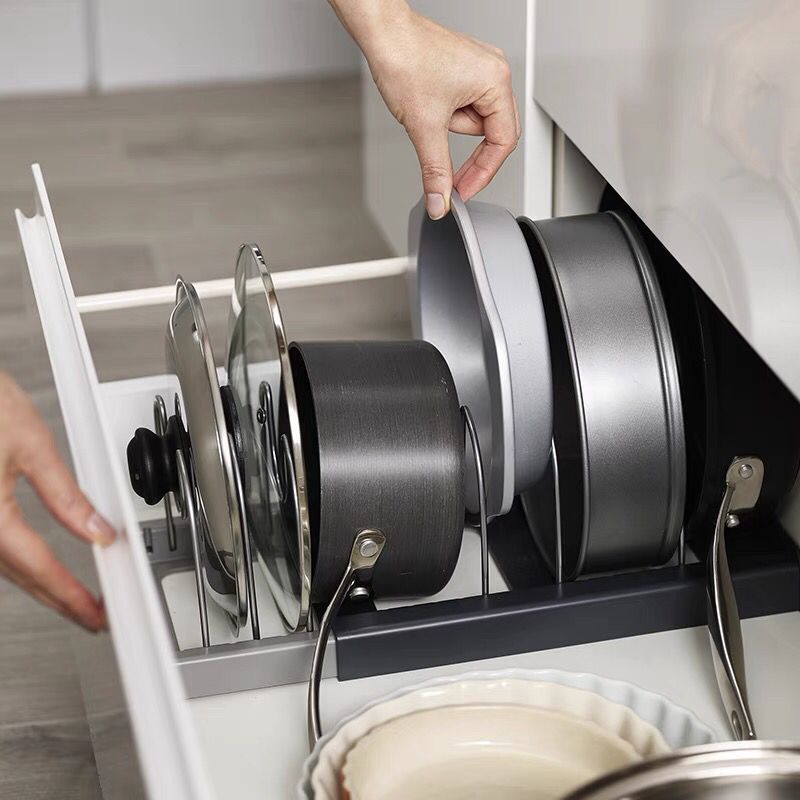 Grey Expandable Pan & Pot Lid Organizer Rack - Adjustable Kitchen Cabinet Storage Holder for Bakeware & V888-ELOSUNG34915