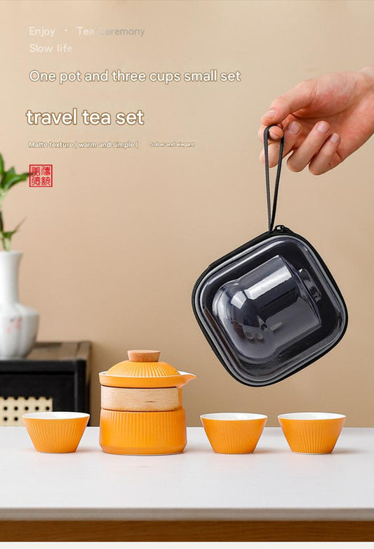 Portable Ceramic Travel Tea Set - One Pot Three Cups with Carrying Case, Elegant Frosted Finish(yellow) V888-ELOSUNG35039