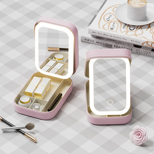 Portable Jewelry & Makeup Organizer Box with LED Touch Mirror - Rechargeable, Adjustable Lighting(pink) V888-ELOSUNG35192