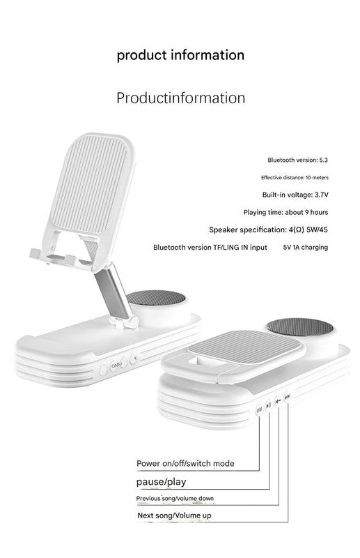 Foldable Desktop Phone Stand with Bluetooth 5.3 Speaker - Adjustable Angle & Height, TF/Line-In(black) V888-ELOSUNG35195