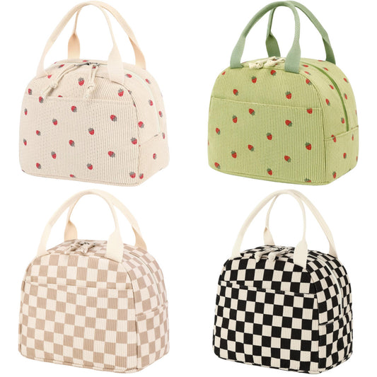 Black and White Checkered Pattern Corduroy Lunch Bag - Insulated Thermal Cooler Tote for School Work and V888-ELOSUNG36150