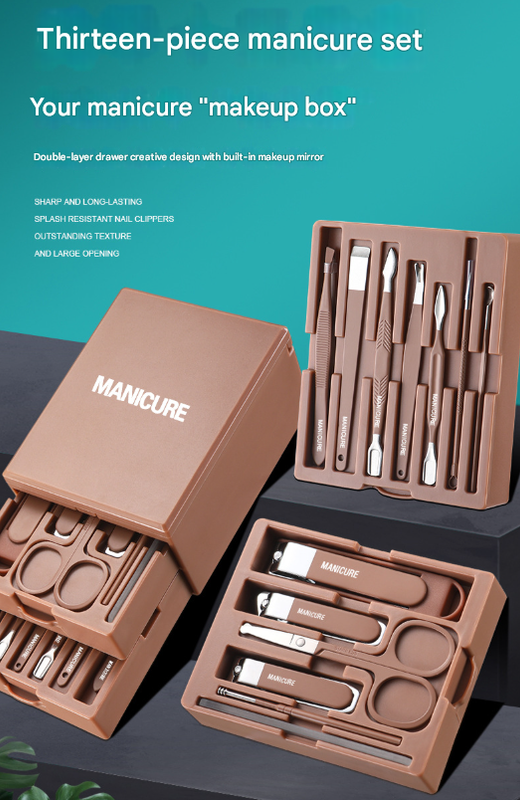 Brown Premium 13-in-1 Manicure & Grooming Kit - Professional Carbon Steel Pedicure Set with Dual-Drawer Case V888-ELOSUNG36169