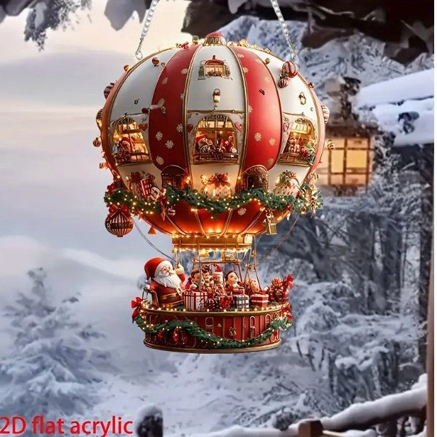 Red Whimsical Santa's Hot Air Balloon Ornament - 2D Flat Acrylic Hanging Decoration for Wall & Tree V888-ELOSUNG36214