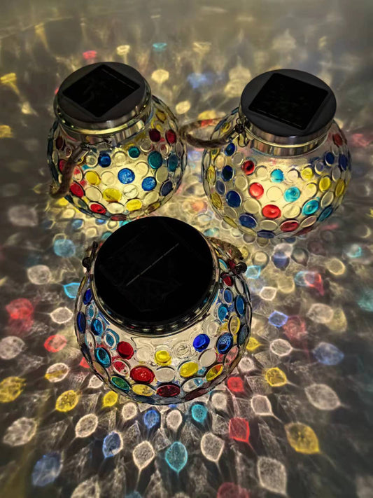 Colorful Warm Light Mosaic Solar Lantern - Decorative Stained Glass Jar Light for Garden Patio and Tabletop V888-ELOSUNG36227