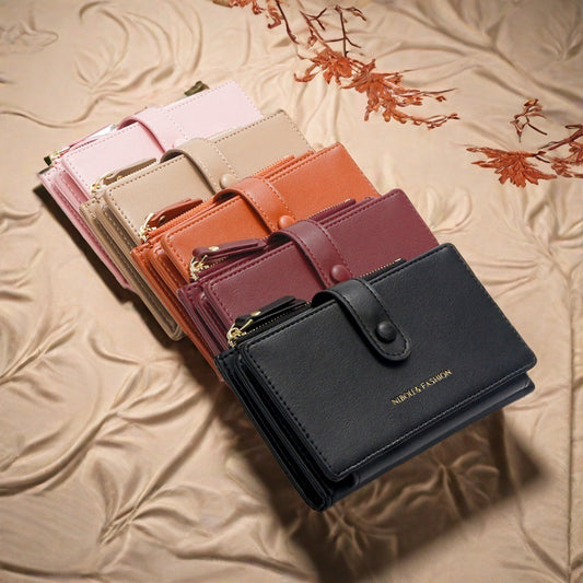 Black Compact Bifold Wallet for Women - High Capacity PU Leather Purse with Zipper Coin Pocket V888-ELOSUNG36445
