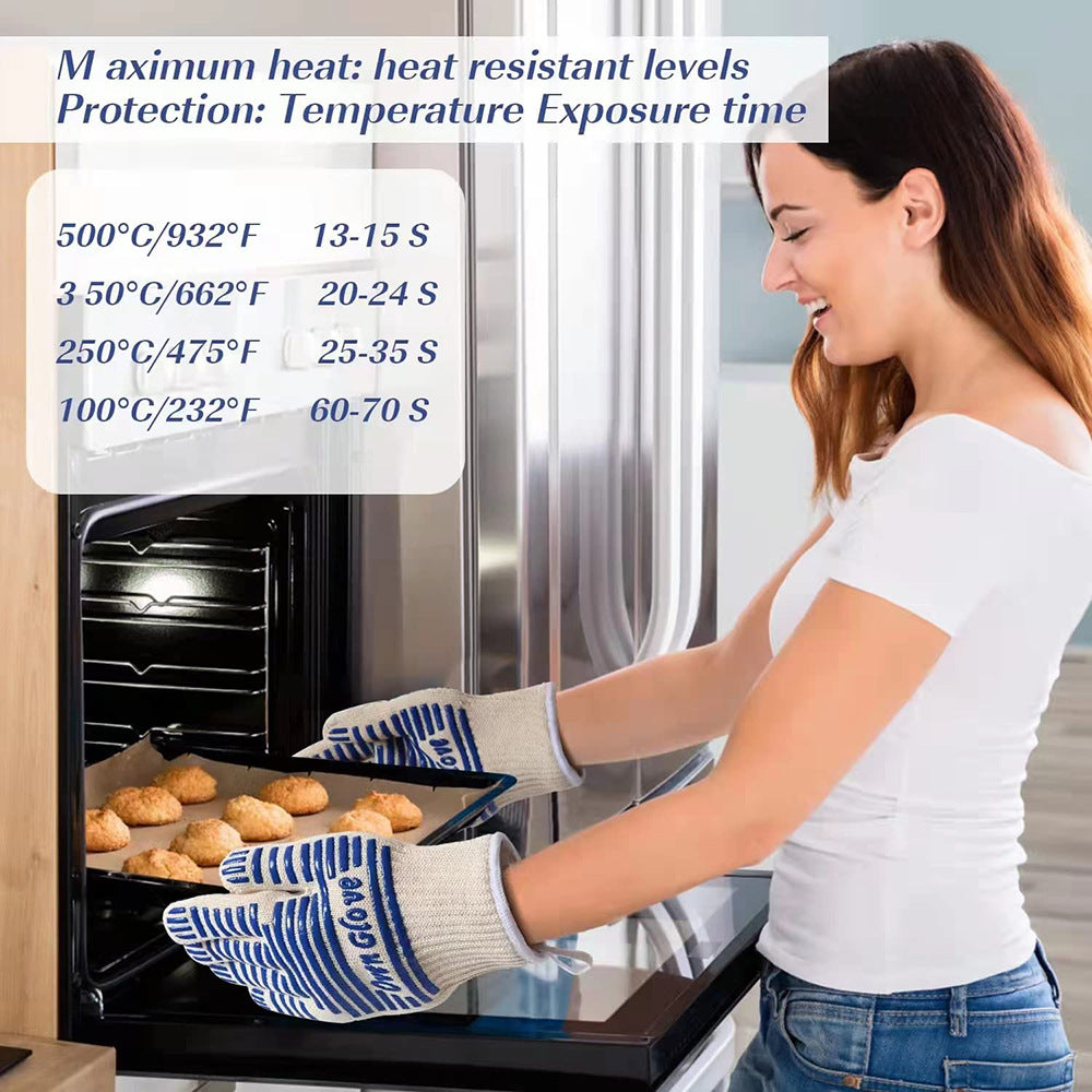 Blue and White Extreme Heat Resistant BBQ Gloves - Cut-Resistant Oven Mitts with Non-Slip Silicone Grip V888-ELOSUNG36499