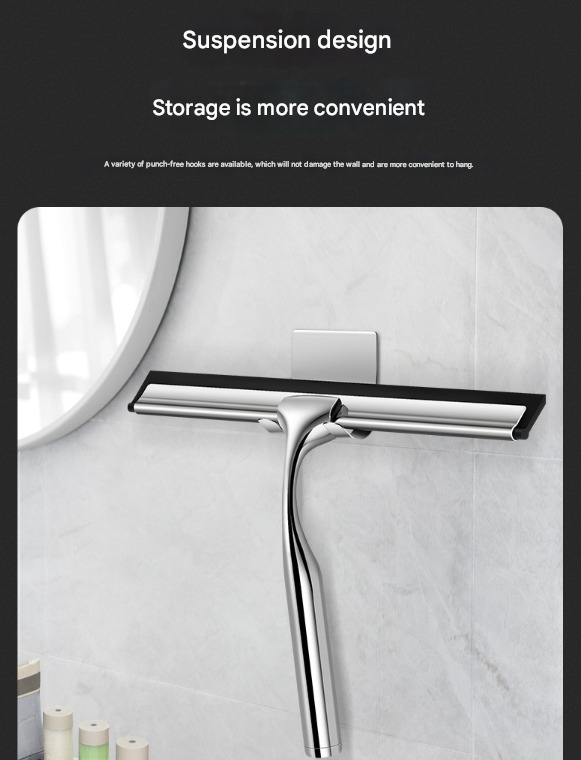 Silver Premium Stainless Steel Shower Squeegee with Adhesive Hook Holder - Streak-Free Blade for Glass Doors, V888-ELOSUNG36527
