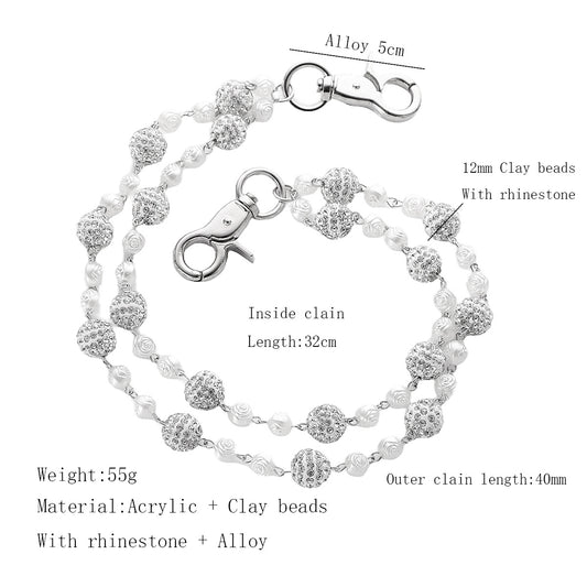Silver and White Bling Rhinestone Beaded Wallet Chain - Double Layer Hip Hop Trouser Chain Jean Accessory(55g) V888-ELOSUNG36540