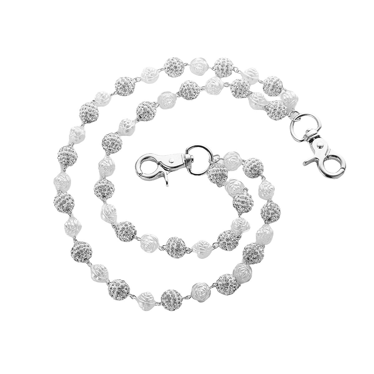 Silver and White Bling Rhinestone Beaded Wallet Chain - Double Layer Hip Hop Trouser Chain Jean Accessory(72g) V888-ELOSUNG36541