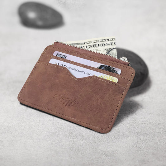 2 Pcs Black Men's Slim Frosted PU Leather Card Holder Wallet with Zip Coin Pocket Multi-Card ID Case V888-ELOSUNG36588