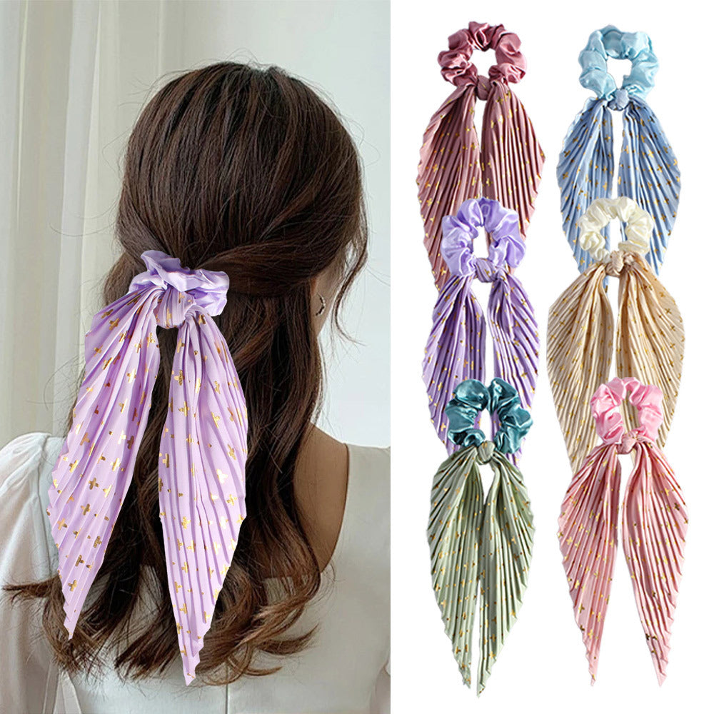 Handmade Pleated Scrunchie with Ribbon Ponytail Holder Hair Tie Hair Accessories 6 Colour Pack V888-ELOSUNG36594