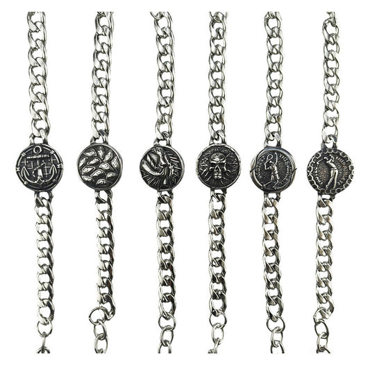 Silver Style 10 Men's Stainless Steel Curb Chain Bracelet - Retro Punk Hip Hop Style with Round Medallion V888-ELOSUNG36644