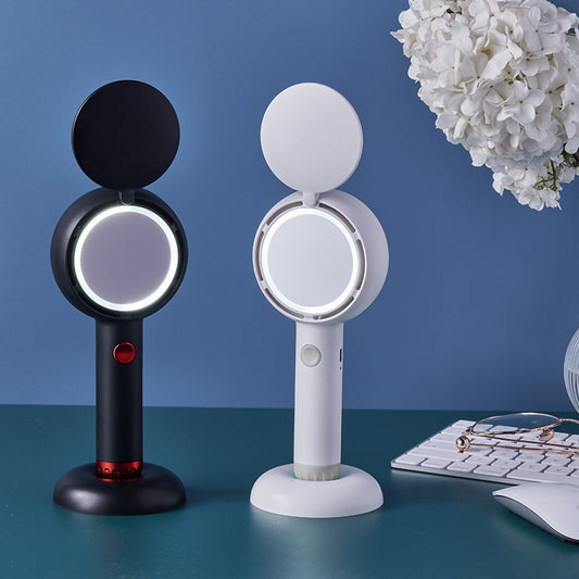 Black 2-in-1 Handheld Fan with LED Makeup Mirror - Portable USB Rechargeable Beauty Light Fan with Desktop V888-ELOSUNG36682