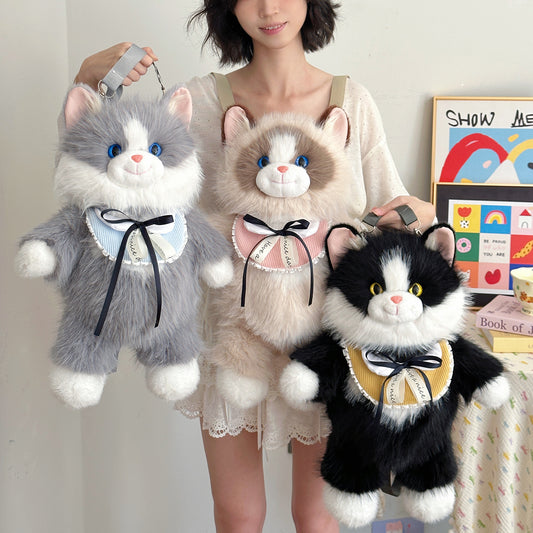 Black Adorable Plush Cat Backpack - Soft Furry Doll Bag with Zipper Compartment for Girls and Women V888-ELOSUNG36722