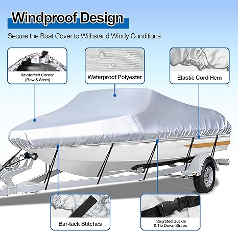 Black Heavy Duty Waterproof Tarp Covers with Storage Bag, Fits V-Hull, Fish&Ski, Pro-Style, Fishing, V888-ELOSUNG36752
