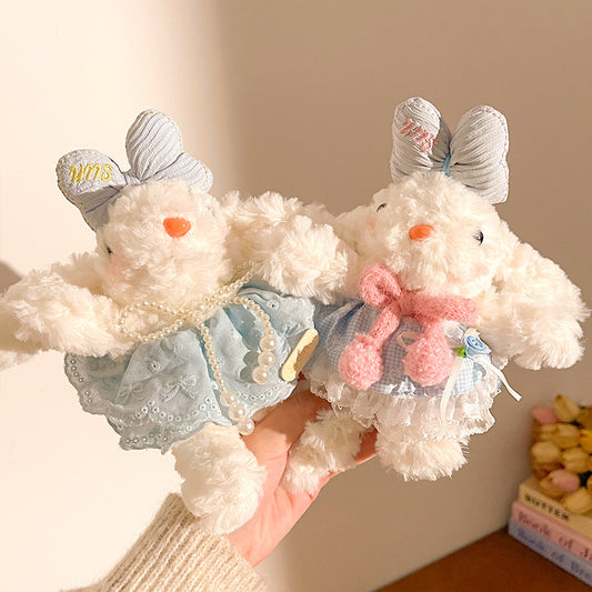 Red Cute Floppy Eared Bunny Plush Doll with Pearl Necklace and Ribbon Dress - Adorable Keychain or Bag Charm V888-ELOSUNG36764