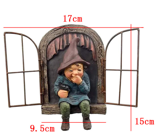 Mouth-Covering Little Man Climbing Window Gnome Figurine - Resin Craft Ornament, Garden Cartoon Statue V888-ELOSUNG38363