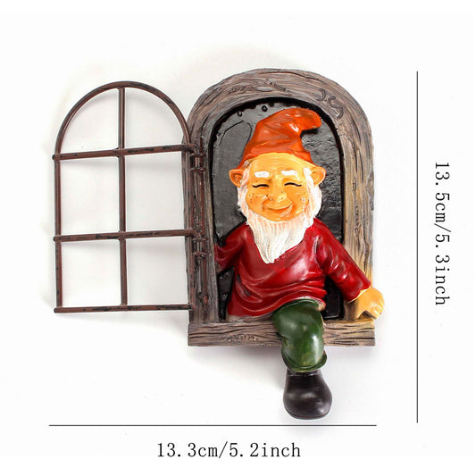 Red-clad White-bearded Old Man Climbing Window Gnome Figurine - Resin Craft Ornament, Garden Cartoon Statue V888-ELOSUNG38365