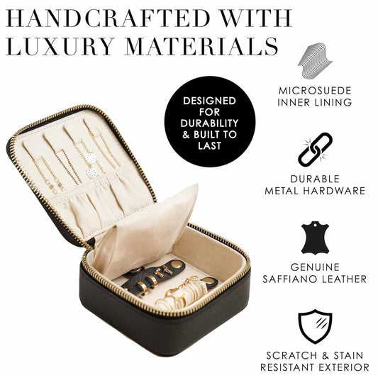 Black "Small But Mighty" Leather Jewelry Box - Portable Organizer for Earrings, Necklaces, Rings & More V888-ELOSUNG38476
