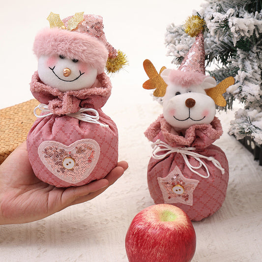 3 Pack Pink Christmas Drawstring Gift Bags Plush 3D Santa Snowman Reindeer Candy Pouches for Holiday Favours V888-ELOSUNG38516