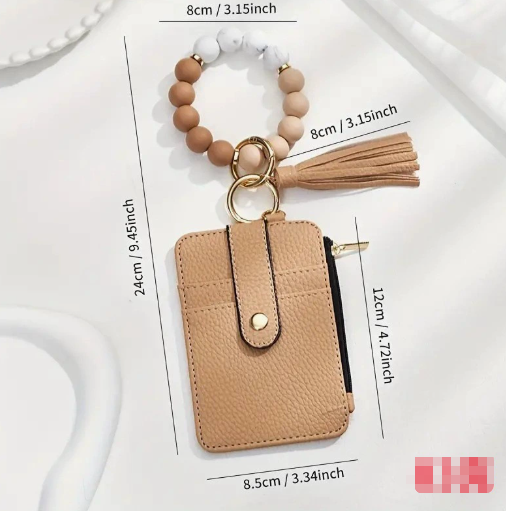 2 Pack Black Silicone Beaded Wristlet Keychain Wallet Bangle with Tassel PU Leather ID Card Holder for Women V888-ELOSUNG38541