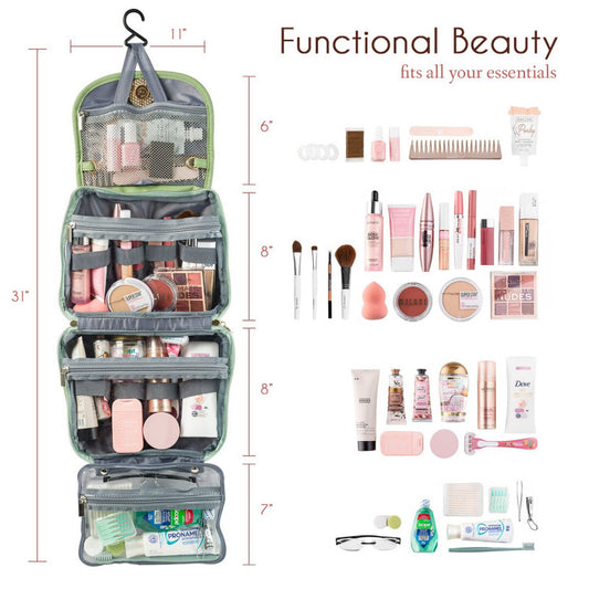 Green Large Hanging Toiletry Bag Waterproof Travel Cosmetic Organiser with Sturdy Hook 4 Compartments Makeup V888-ELOSUNG38656