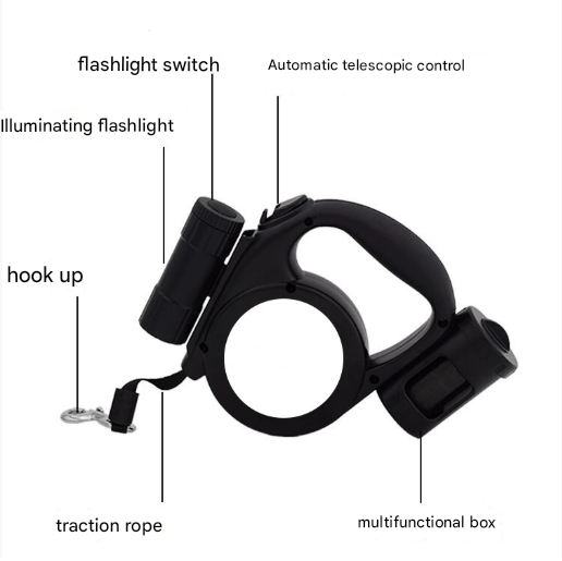 Black 3-in-1 Retractable Dog Leash with LED Flashlight and Waste Bag Dispenser 5m Nylon Lead for Dogs up to V888-ELOSUNG38856