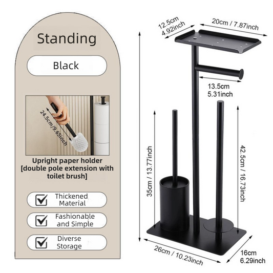 3-in-1 Freestanding Toilet Paper Holder - Thick Carbon Steel with Matte Black Finish, Storage Top, Paper Roll V888-ELOSUNG39393