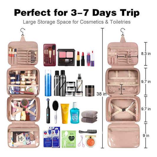 Black Portable Large Hanging Womens' Luxury PU Leather Cosmetic Bag - Waterproof Travel Toiletry Organizer , V888-ELOSUNG39447