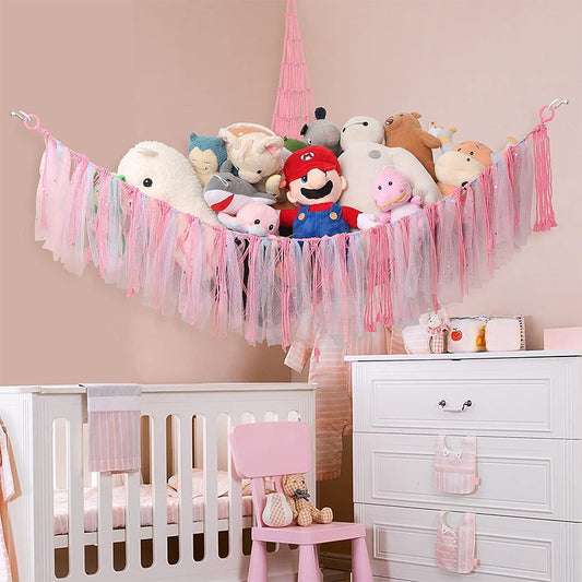Pink Corner Plush Toy Organizer (100x100x150cm) with Ribbon Accent & Installation Kit - Handwoven Cotton Mesh V888-ELOSUNG39454