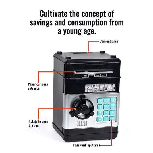 2-Piece Black Smart ATM Piggy Banks - Kids Electronic Money Safe with Password Lock & Auto-Roll in/out Feature V888-ELOSUNG39501