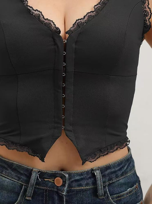 2-Pack Black French Vintage Lace Splice Camisole(L Size) - Slim Fit Halter Top with Back Detail and Button V888-ELOSUNG39522