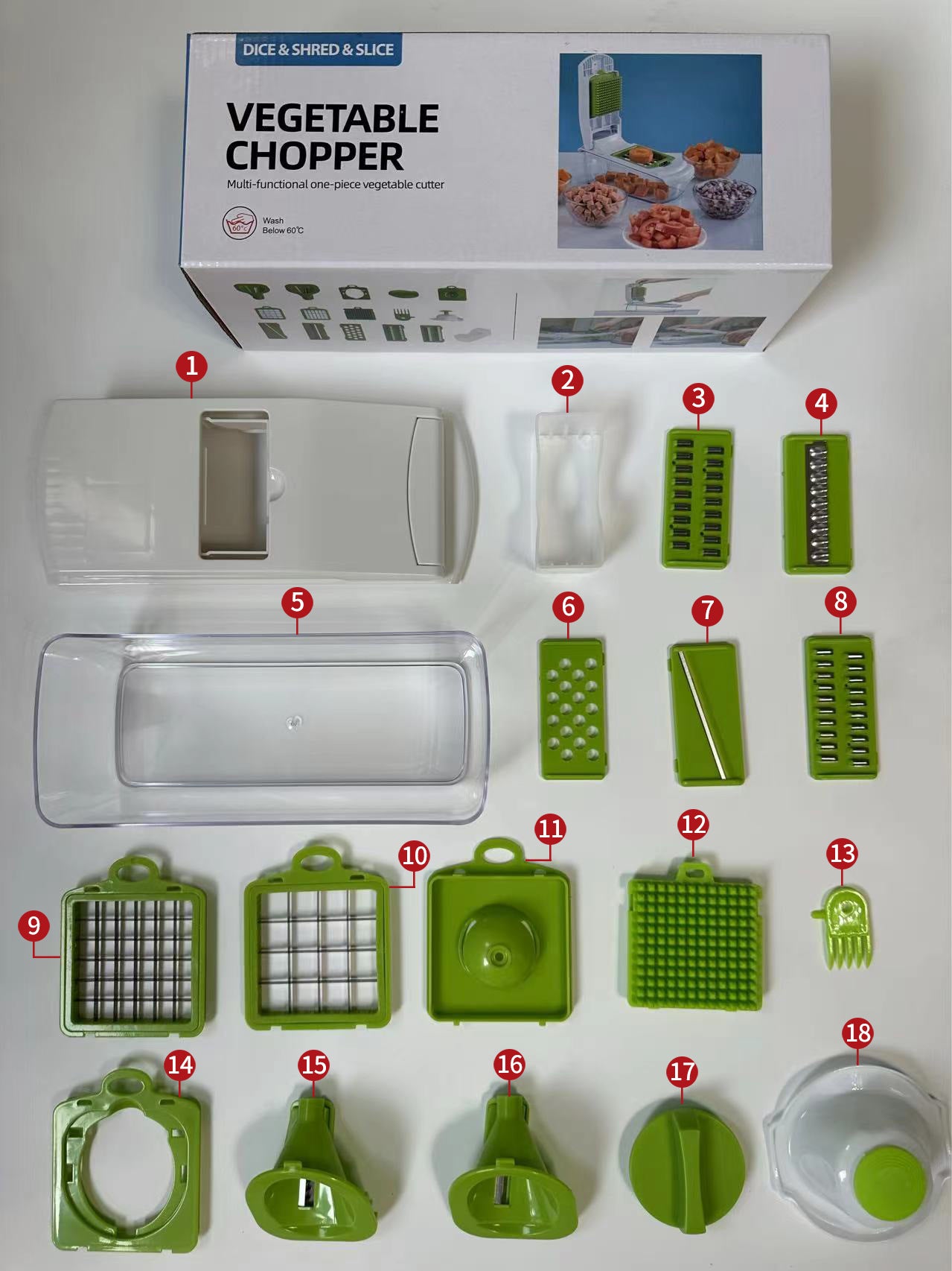 18-Piece White-Green Multi-Function Vegetable Chopper & Slicer Set - Rotary Grater with 5 Muti-Style V888-ELOSUNG39863