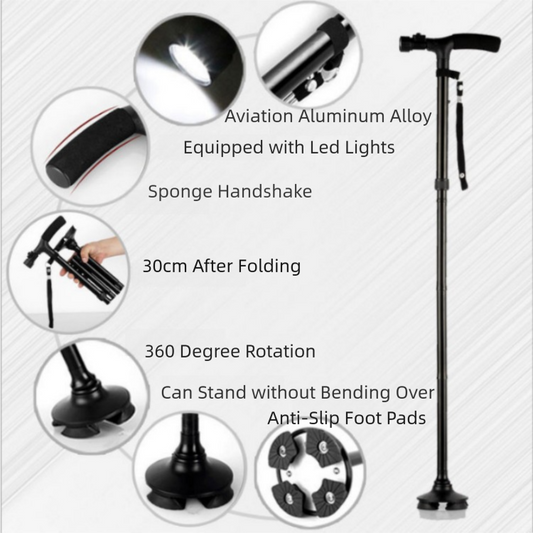 Folding LED Walking Cane with Dual Handle - Adjustable(88-98CM), Anti-Slip 4-Prong Base, and Stand-Up V888-ELOSUNG39908