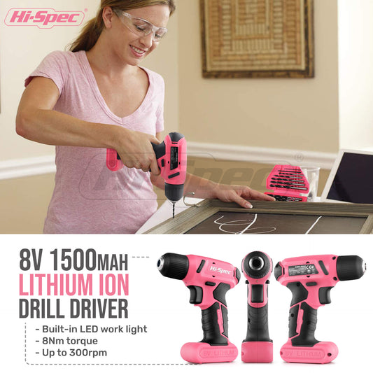 58 Piece Home Tool Set with 8V Cordless Drill Driver Kit Rechargeable Electric Screwdriver for DIY Repairs V888-ELOSUNG40378
