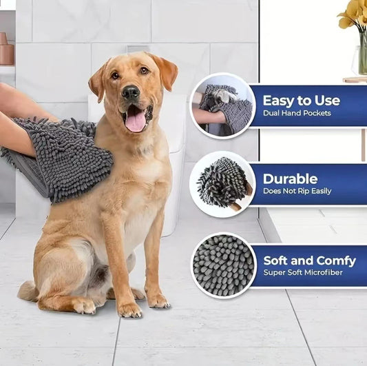 Blue Super Absorbent Pet Bath Towel with Hand Pockets Quick Dry Chenille Microfibre for Dogs and Cats Large V888-ELOSUNG40558