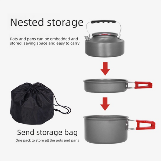 Portable Camping Cookware Set for 3-5 People Aluminum Kettle Pot Frying Pan Mess Kit with Folding Handles for V888-ELOSUNG40916