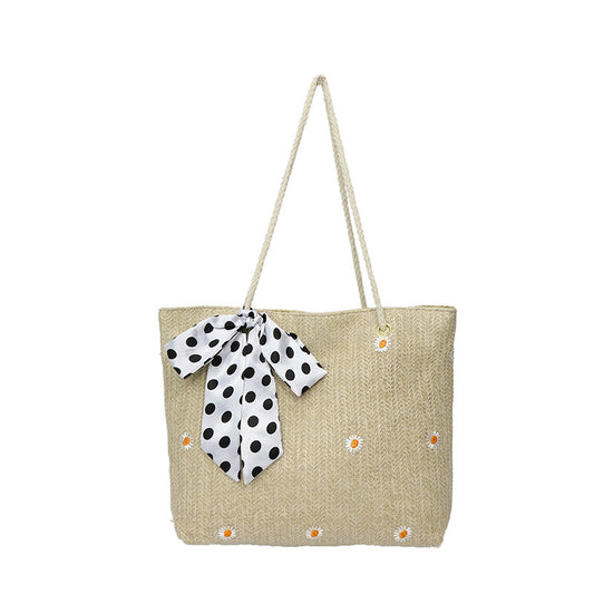 Khaki Women's Straw Woven Tote Bag Summer Daisy Embroidery Shoulder Handbag with Ribbon Scarf V888-ELOSUNG41080