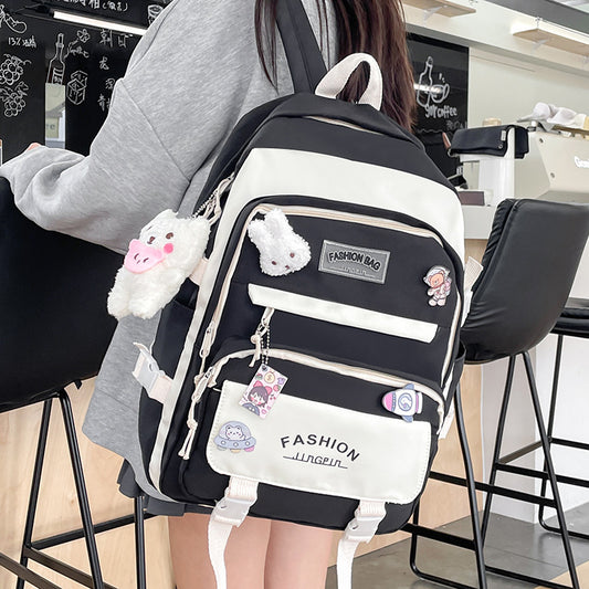 Women's Large Aesthetic School Backpack Black Nylon Daypack with Cute Bear Plushie & Pins For High School and V888-ELOSUNG41086