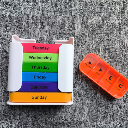 7 Day Weekly Pill Organiser Box - Rainbow Colour Coded Medicine Storage with 4 Daily Compartments - Portable V888-ELOSUNG41262