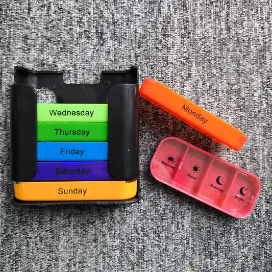 7 Day Weekly Pill Organiser Box - Rainbow Colour Coded Medicine Storage with 4 Daily Compartments - Portable V888-ELOSUNG41263