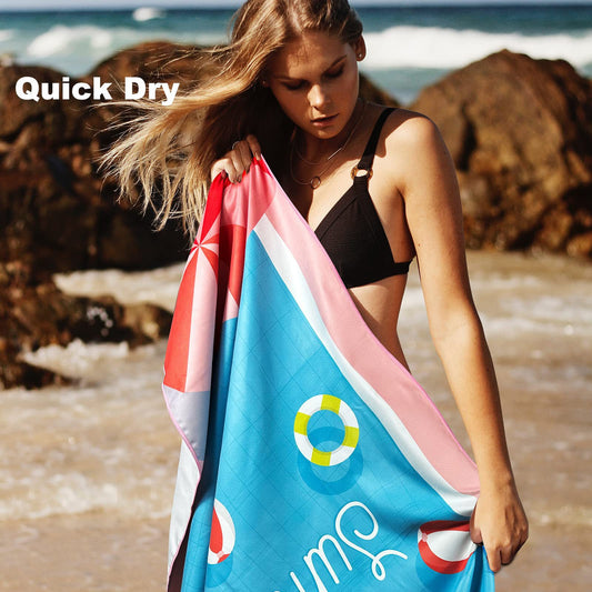 Sand Free Microfibre Beach Towel - "Hello Summer" Pool Print Quick Dry Travel Towel 70x150cm(200GSM) - V888-ELOSUNG41303
