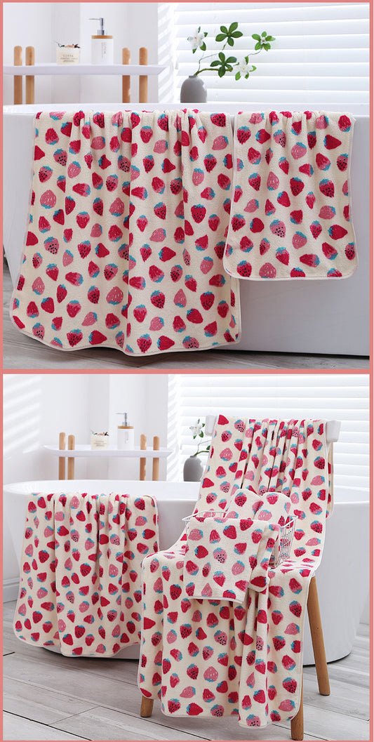 2 Pack Strawberry Coral Fleece Bath Towel Set - Ultra Soft Absorbent Microfibre Bathroom Towels with Hanging V888-ELOSUNG41337